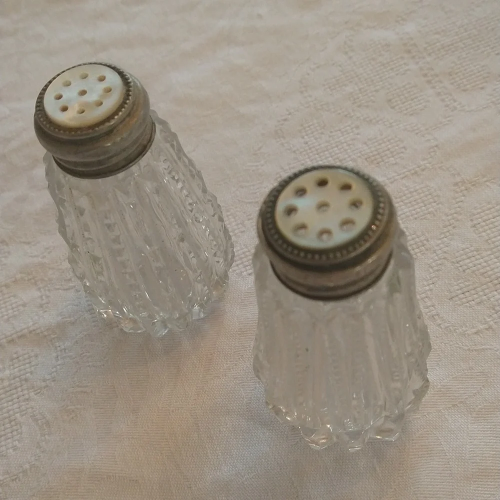 Vintage mother of Pearl silver salt pepper shakers cottagecore shabby chic